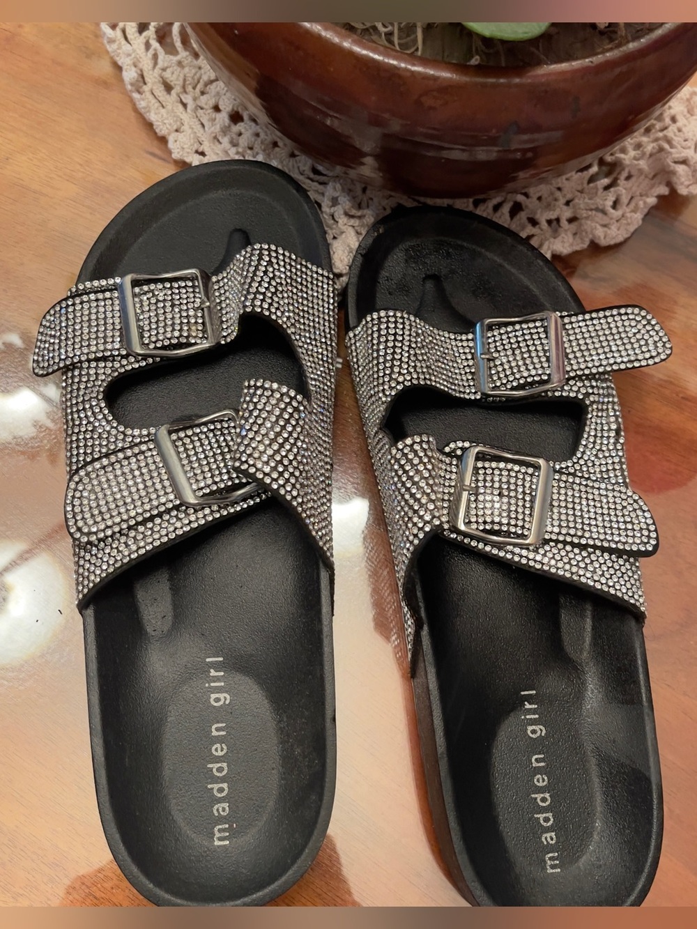 Madden Girl Black Rhinestone Double-Buckle Slide Sandals